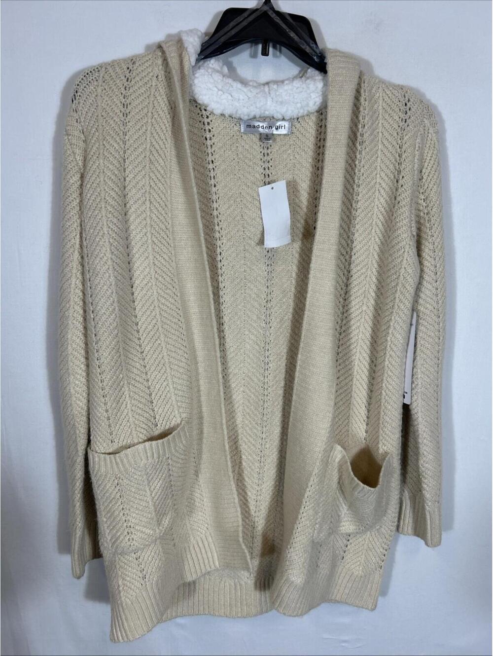 $44 Madden Girl Juniors' Faux Shearling Lined Open-Front Hoodie Cardigan -S